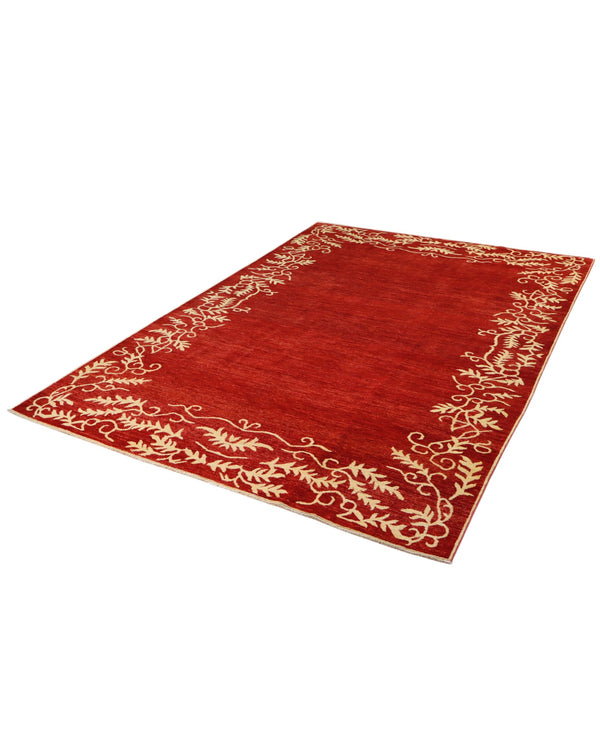 Tappeto moderno 300x205 cm Persia, fondo bordeaux con bordo floreale in avorio, annodato a mano.