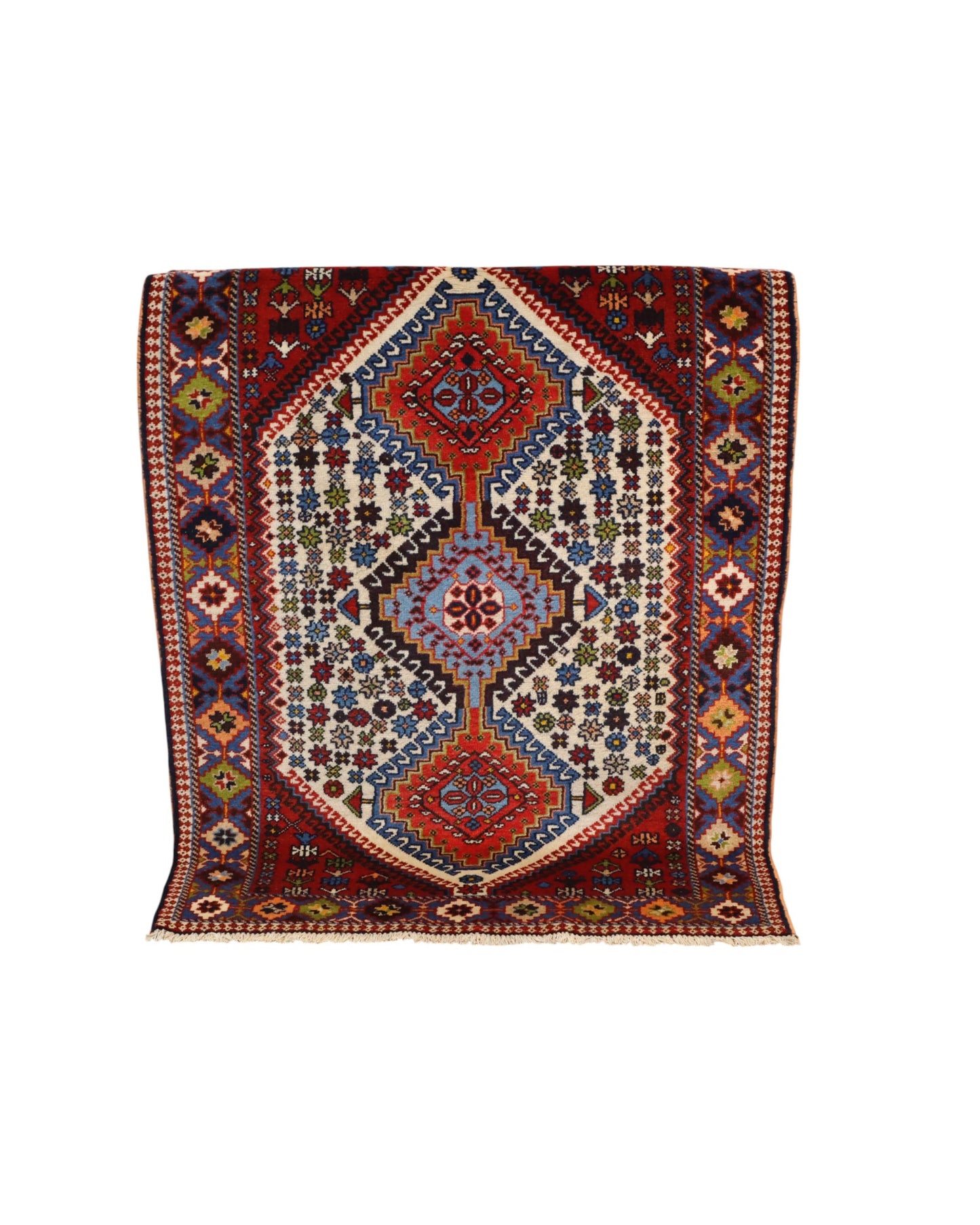 Tappeto persiano Yalama 144x103 cm annodato a mano, in lana tinta vegetale, con design geometrico tradizionale e colori caldi, certificato di autenticità incluso.