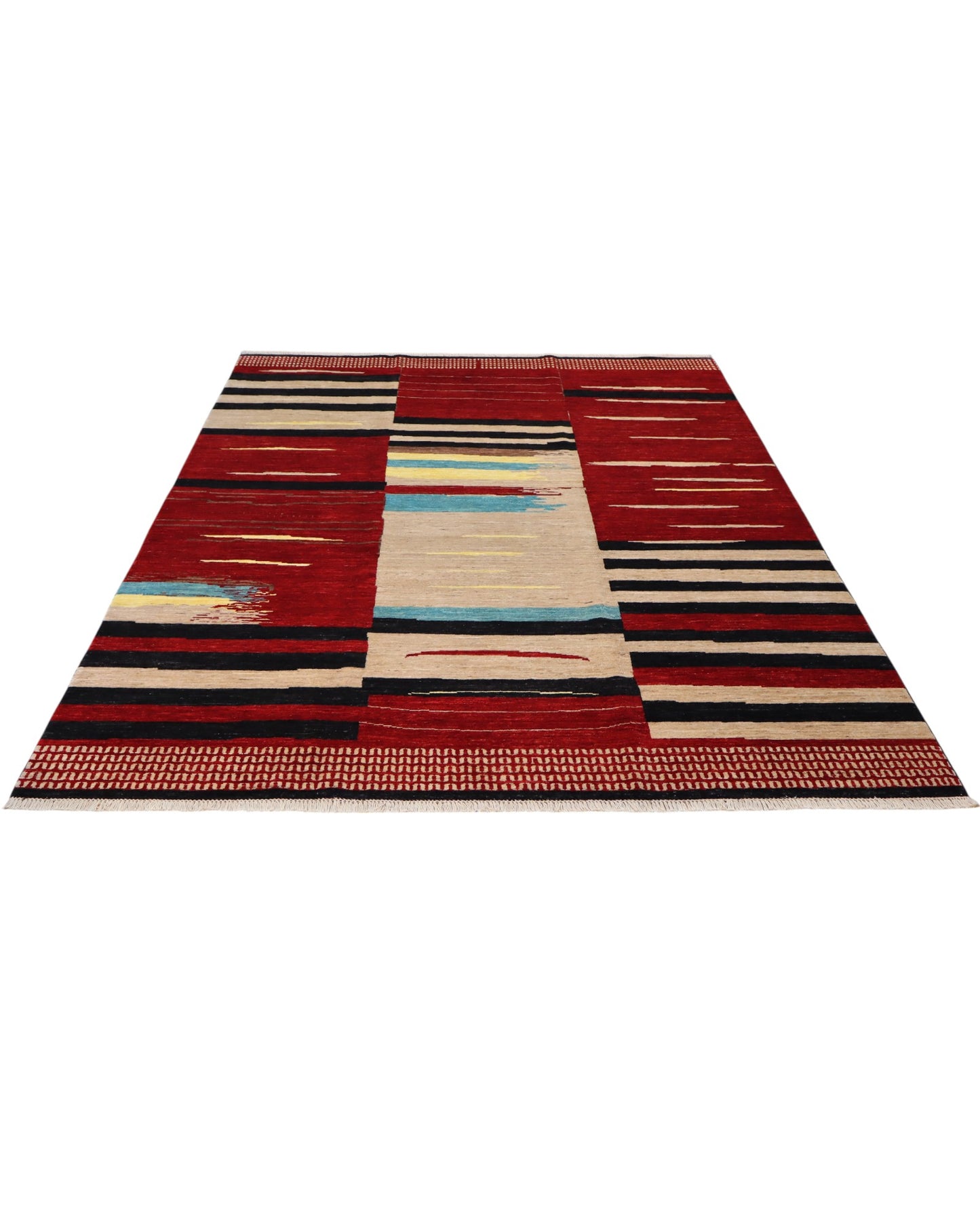 Tappeto moderno 300x200 cm Persia con design astratto rosso, nero, beige, giallo e azzurro, annodato a mano in lana naturale.
