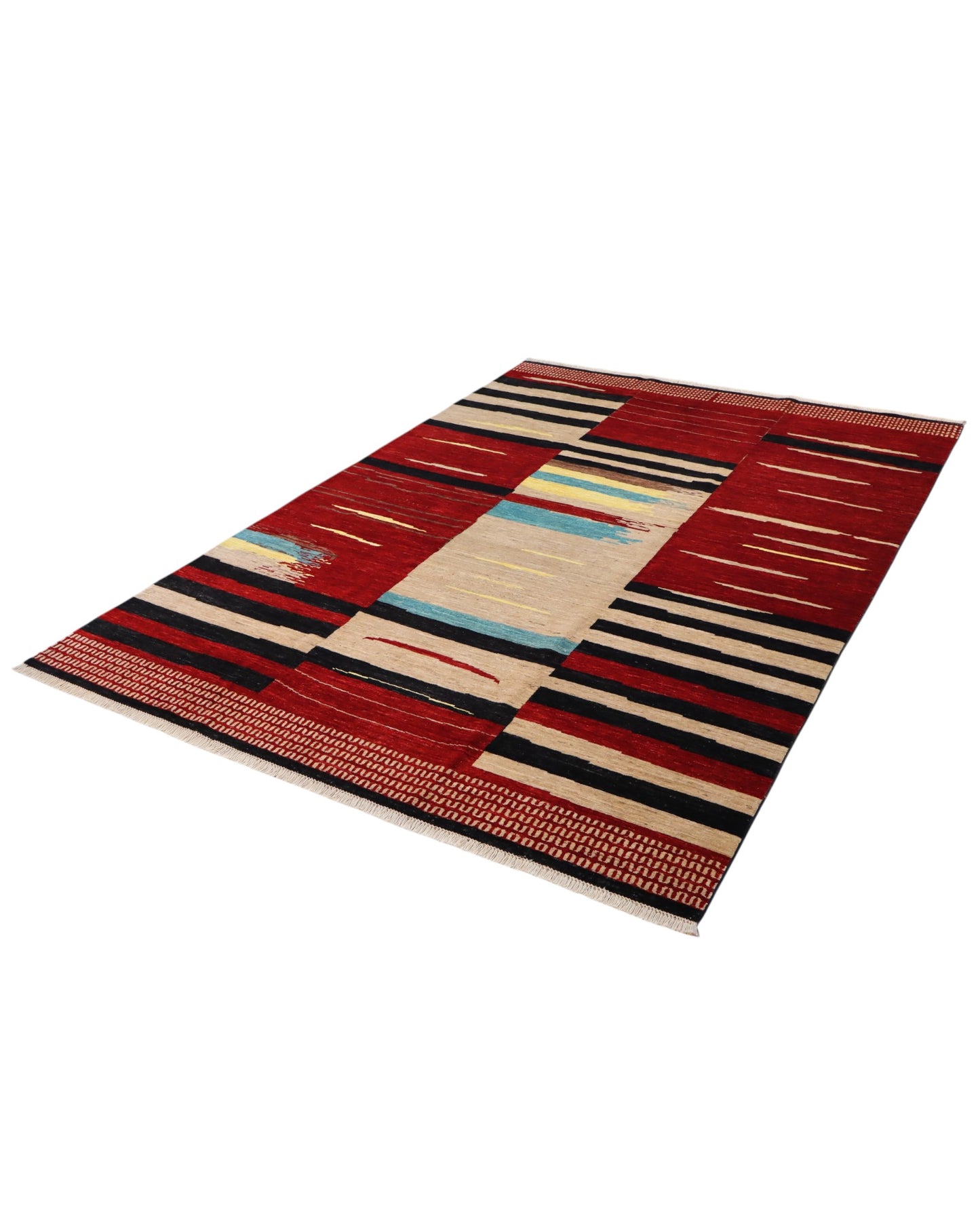 Tappeto moderno 300x200 cm Persia con design astratto rosso, nero, beige, giallo e azzurro, annodato a mano in lana naturale.