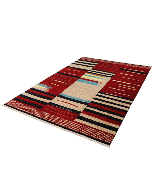 Tappeto moderno 300x200 cm Persia con design astratto rosso, nero, beige, giallo e azzurro, annodato a mano in lana naturale.