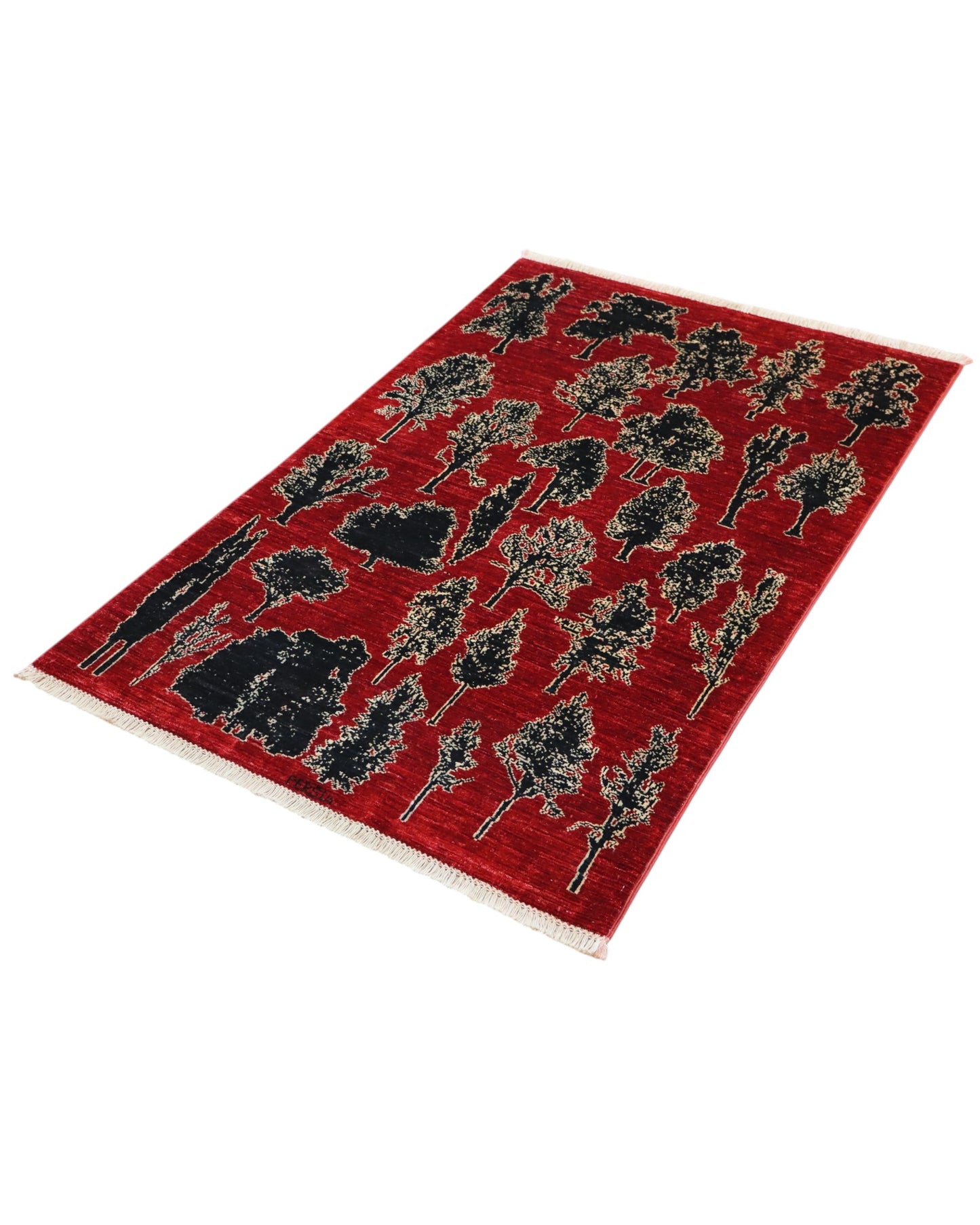 Tappeto moderno “Foresta di Rubini” 146x100 cm di Dario, annodato a mano, con alberi stilizzati su fondo rosso rubino, lana e cotone, pezzo unico certificato.