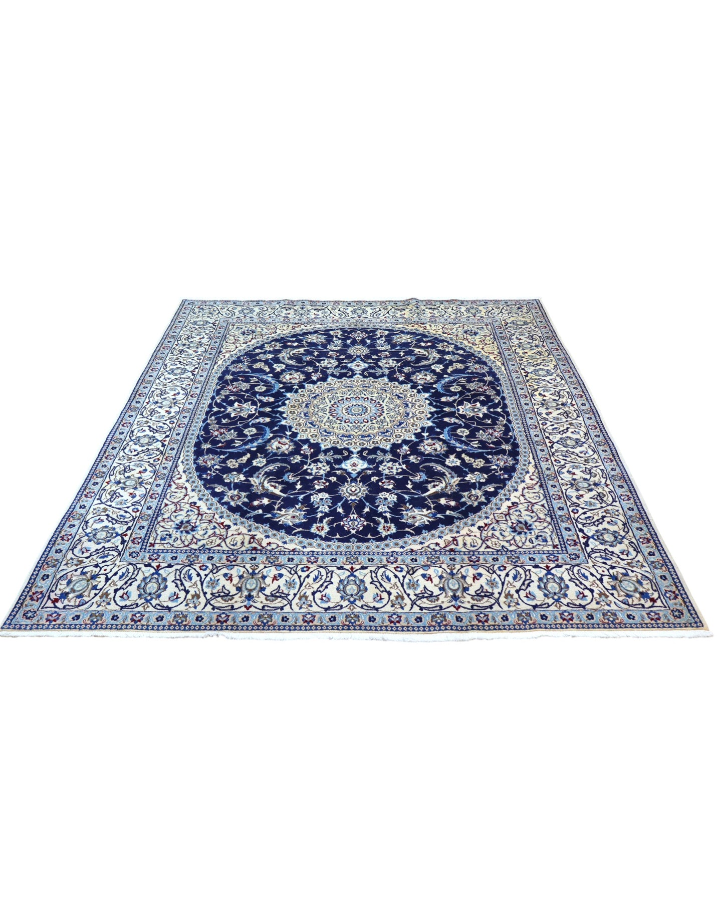 "Tappeto Nain persiano annodato a mano blu e avorio con medaglione centrale, 255x199 cm."