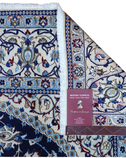 "Tappeto Nain persiano annodato a mano blu e avorio con medaglione centrale, 255x199 cm."