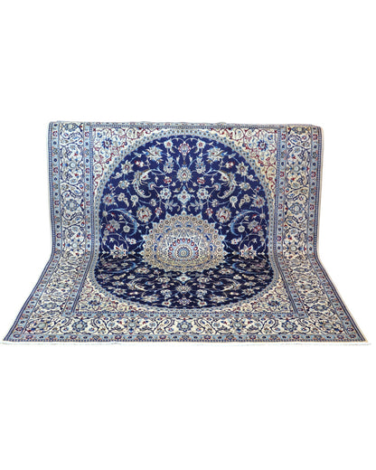 "Tappeto Nain persiano annodato a mano blu e avorio con medaglione centrale, 255x199 cm."