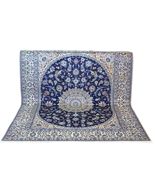 "Tappeto Nain persiano annodato a mano blu e avorio con medaglione centrale, 255x199 cm."