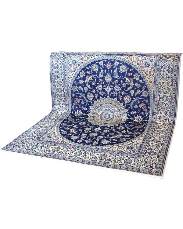 "Tappeto Nain persiano annodato a mano blu e avorio con medaglione centrale, 255x199 cm."