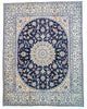 "Tappeto Nain persiano annodato a mano blu e avorio con medaglione centrale, 255x199 cm."