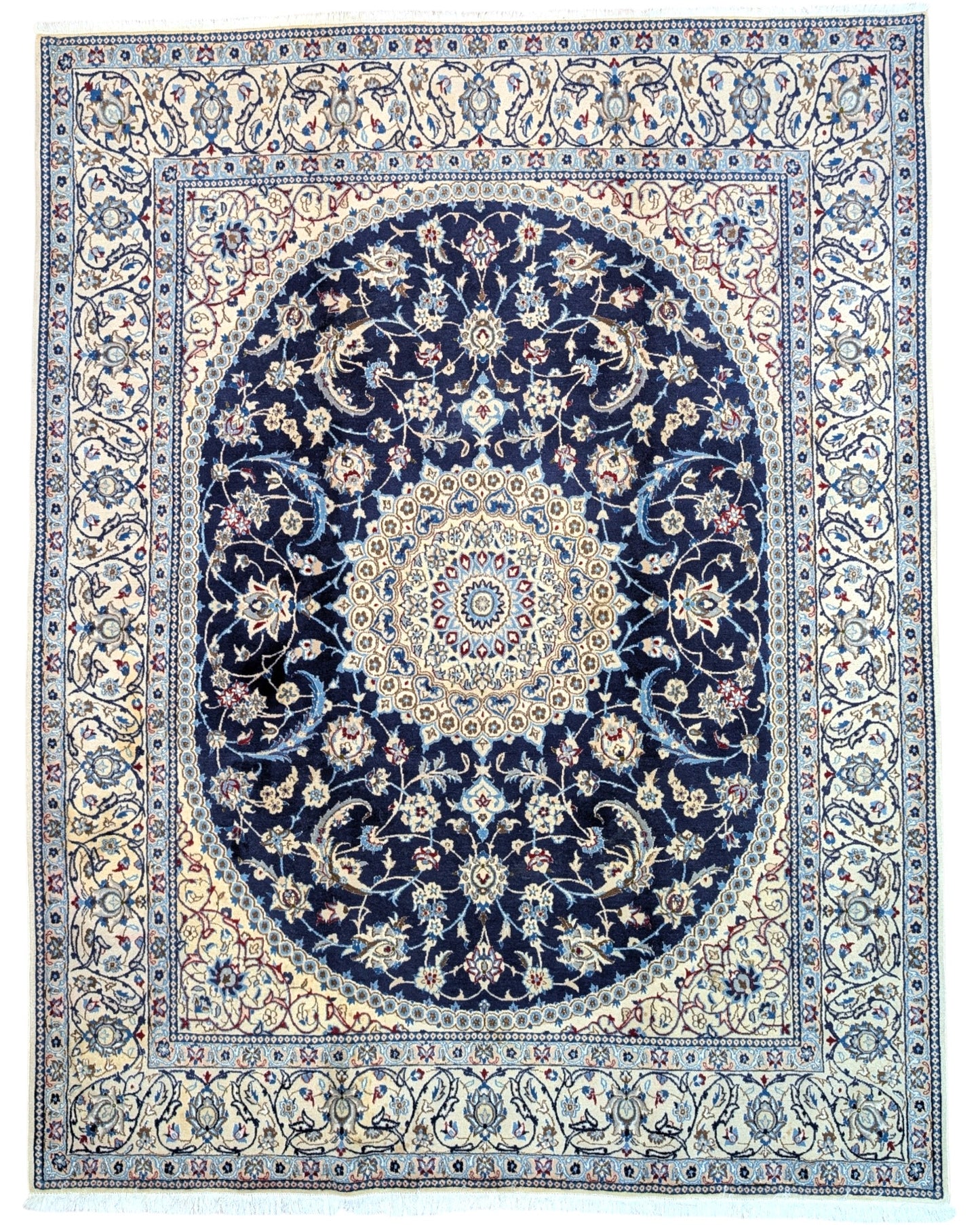 "Tappeto Nain persiano annodato a mano blu e avorio con medaglione centrale, 255x199 cm."