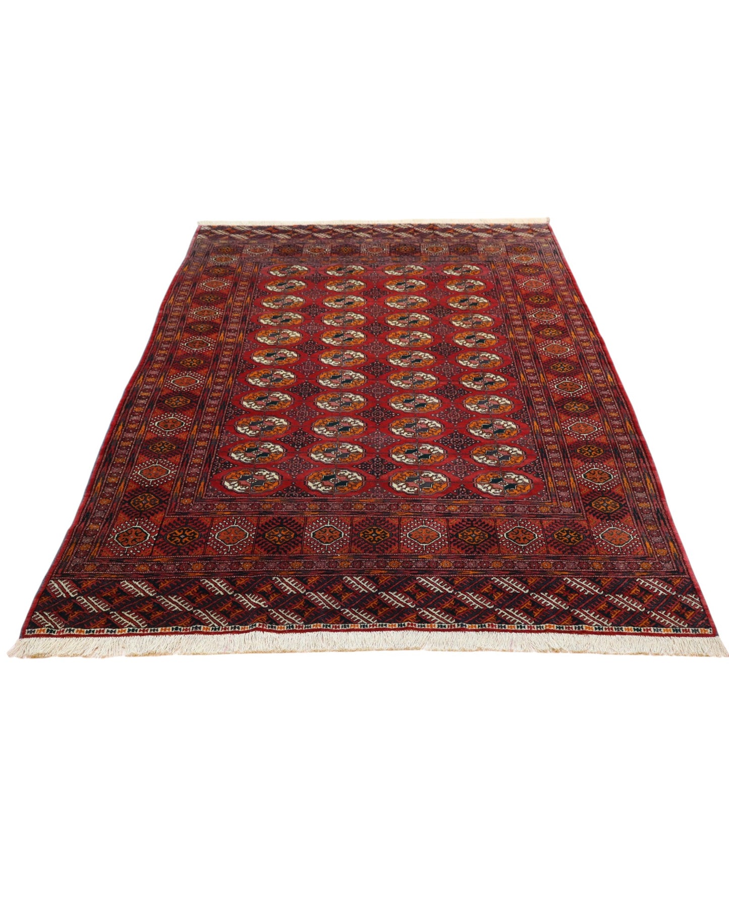 “Tappeto Bukhara Russo 250x164 cm, annodato a mano con design in rosso rubino e motivi geometrici. Certificato di autenticità incluso.”