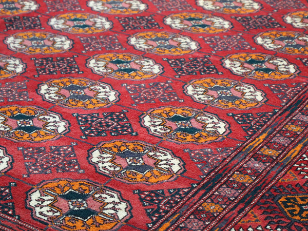 “Tappeto Bukhara Russo 250x164 cm, annodato a mano con design in rosso rubino e motivi geometrici. Certificato di autenticità incluso.”