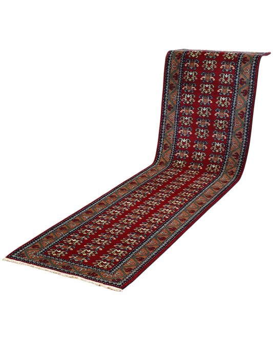 Passatoia Turca, rosso mattone con dettagli beige e celeste, motivi geometrici ripetuti, annodato a mano, 302x80 cm.