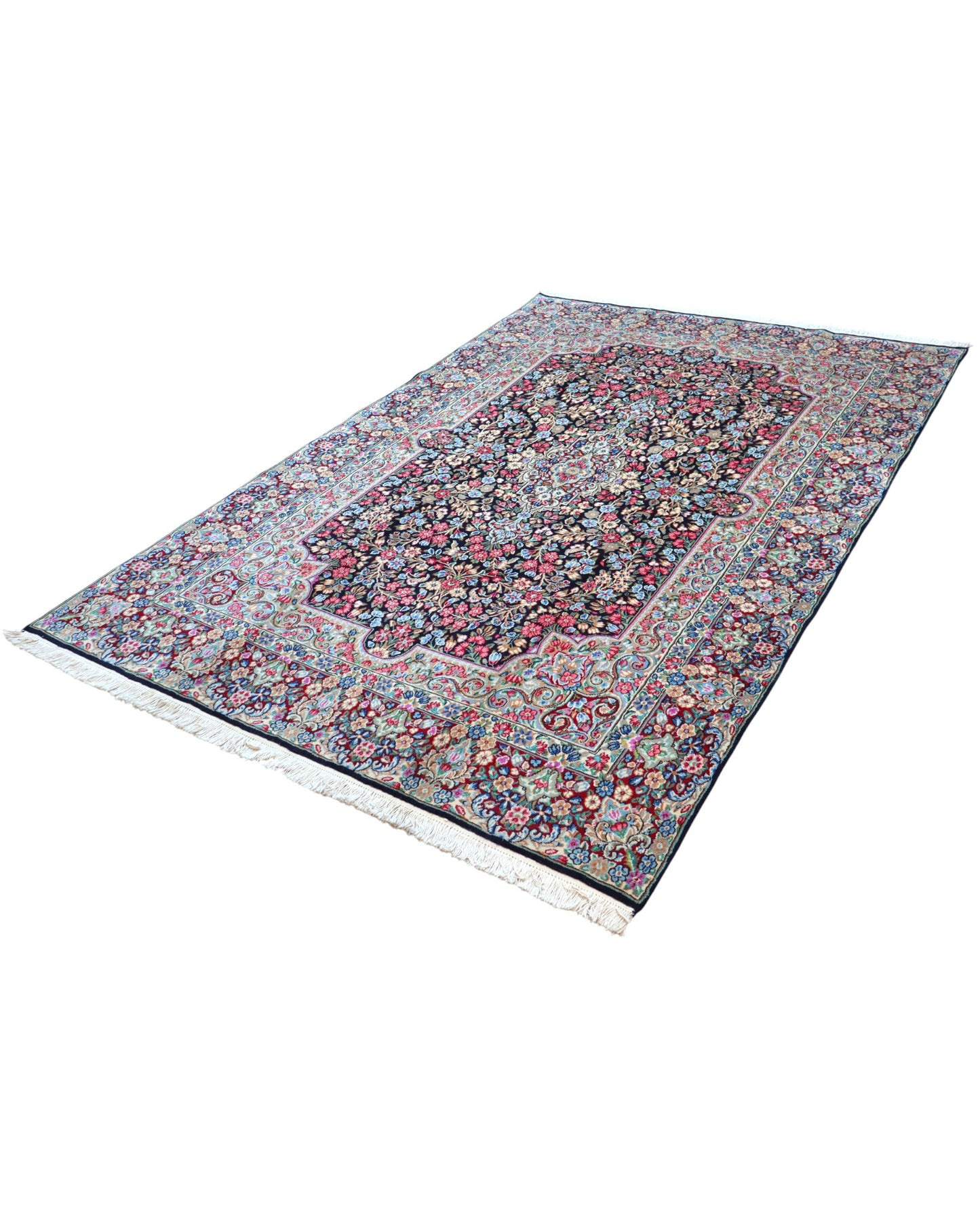 "Tappeto Kerman persiano con fitto motivo floreale e cornice decorata, 305x195 cm."