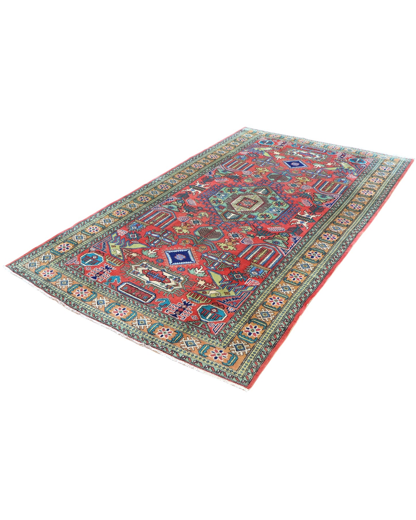 "Tappeto Ardebil persiano rosso e blu con motivi geometrici, 284x167 cm."