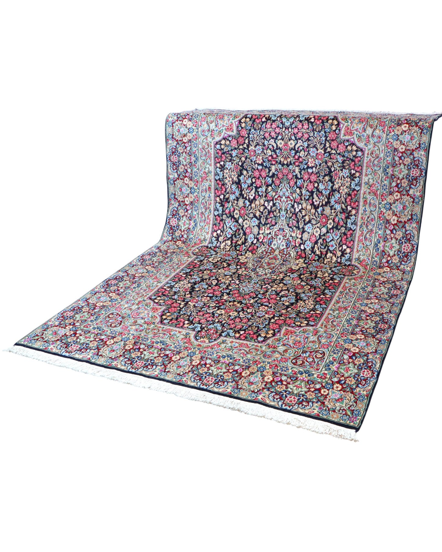 "Tappeto Kerman persiano con fitto motivo floreale e cornice decorata, 305x195 cm."