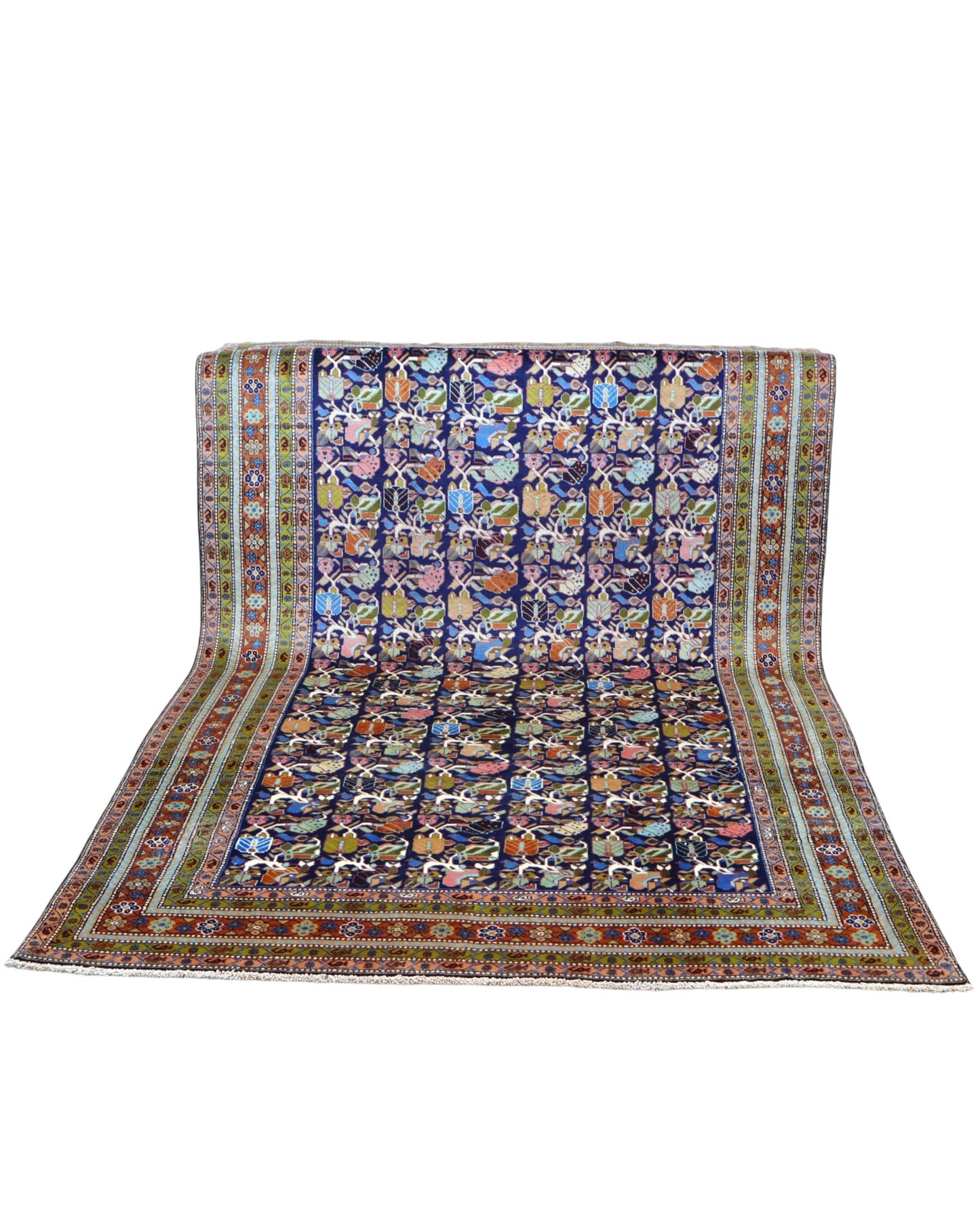 "Tappeto Ardebil persiano blu con motivi floreali e animali, 300x200 cm."