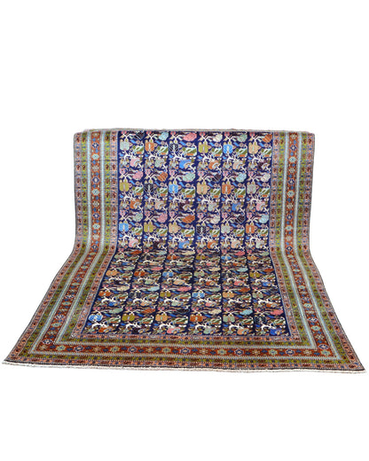 "Tappeto Ardebil persiano blu con motivi floreali e animali, 300x200 cm."