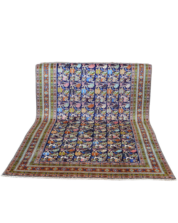 "Tappeto Ardebil persiano blu con motivi floreali e animali, 300x200 cm."