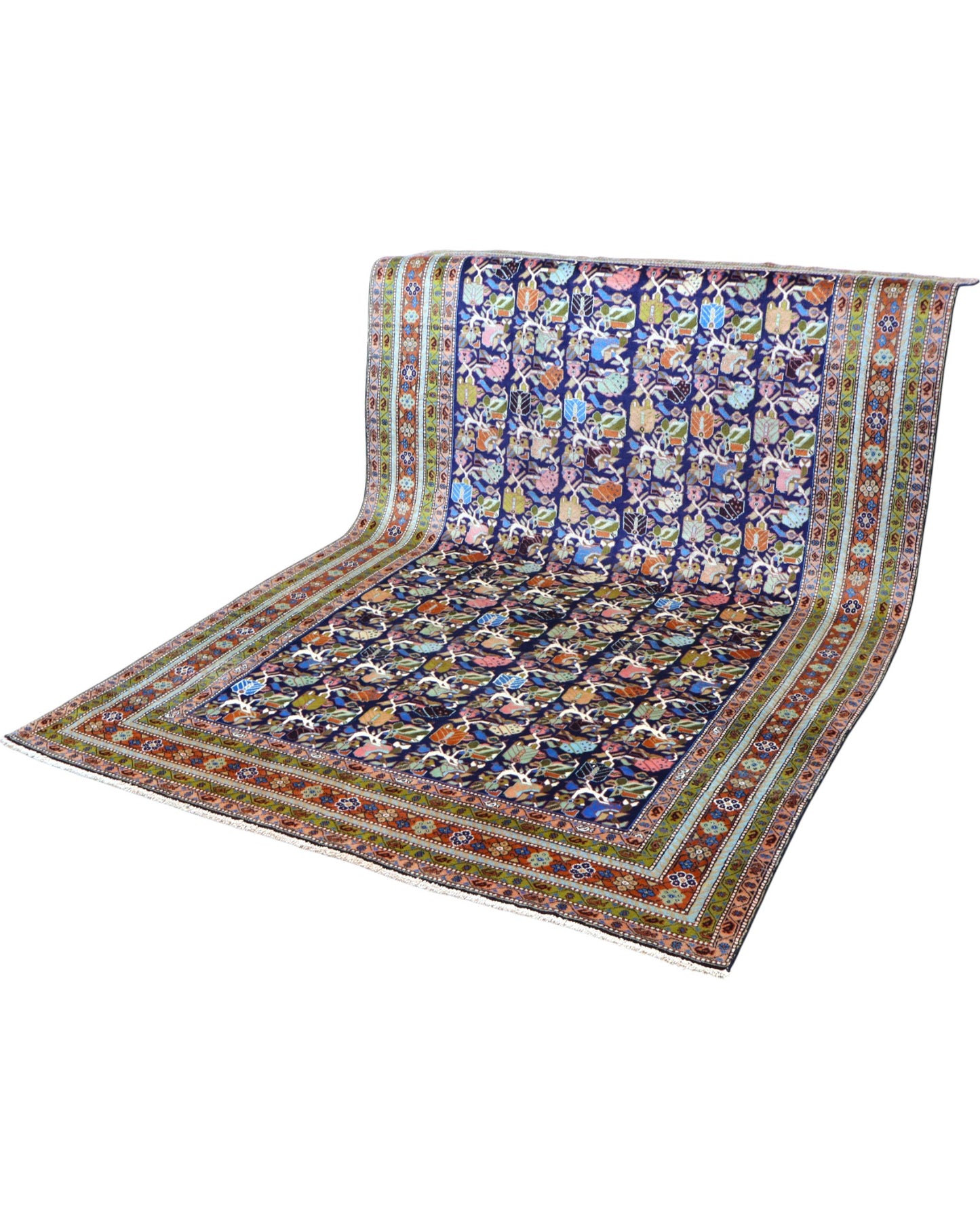 "Tappeto Ardebil persiano blu con motivi floreali e animali, 300x200 cm."