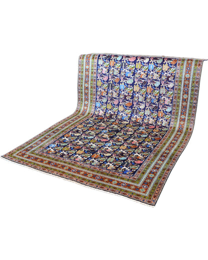 "Tappeto Ardebil persiano blu con motivi floreali e animali, 300x200 cm."