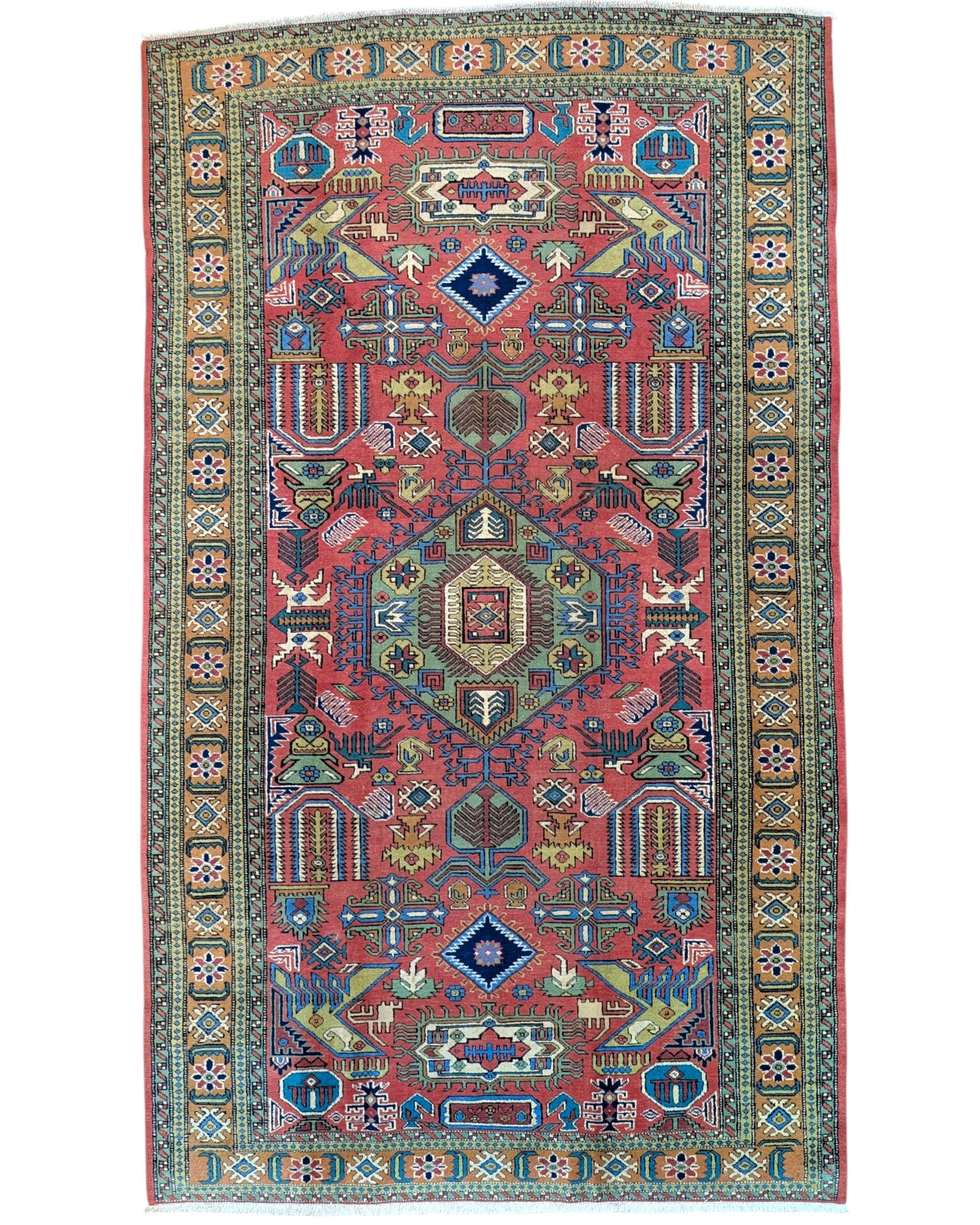 "Tappeto Ardebil persiano rosso e blu con motivi geometrici, 284x167 cm."