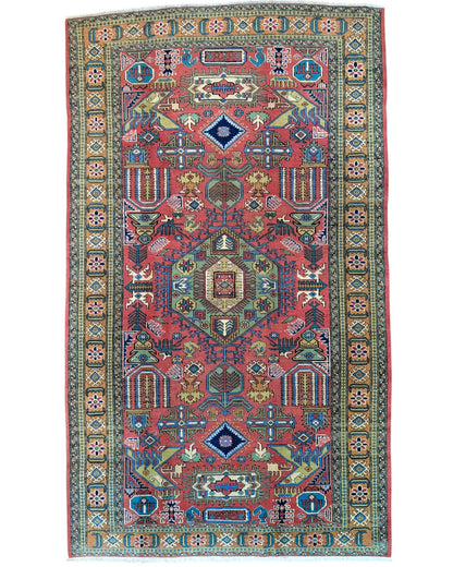 "Tappeto Ardebil persiano rosso e blu con motivi geometrici, 284x167 cm."