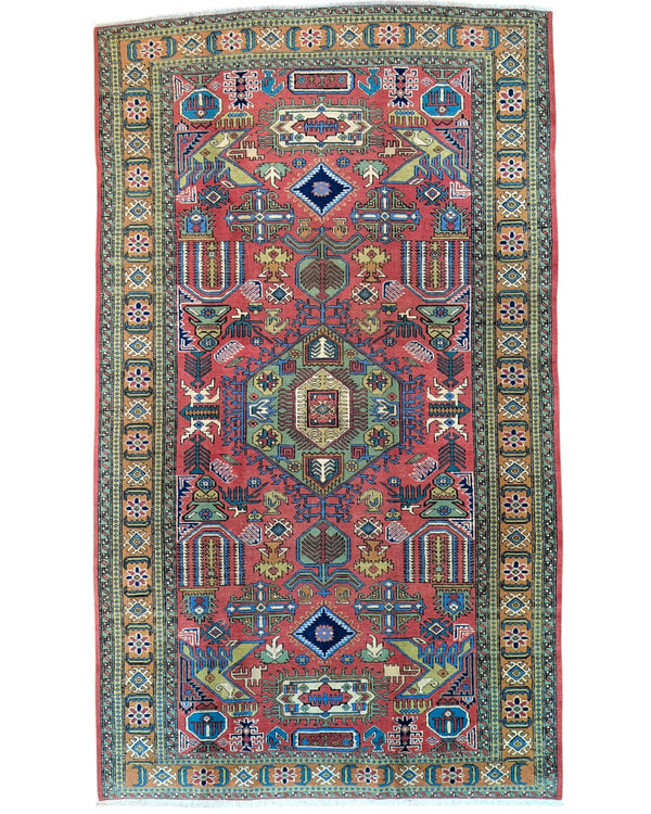 "Tappeto Ardebil persiano rosso e blu con motivi geometrici, 284x167 cm."