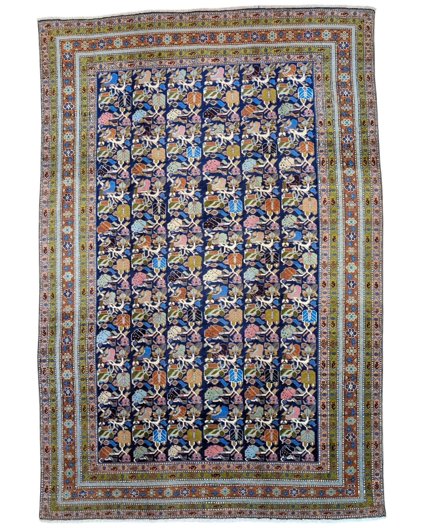 "Tappeto Ardebil persiano blu con motivi floreali e animali, 300x200 cm."