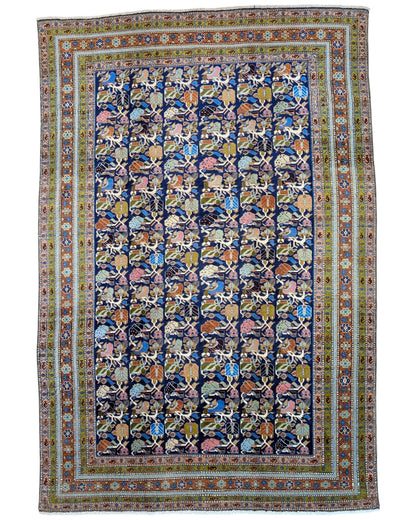 "Tappeto Ardebil persiano blu con motivi floreali e animali, 300x200 cm."