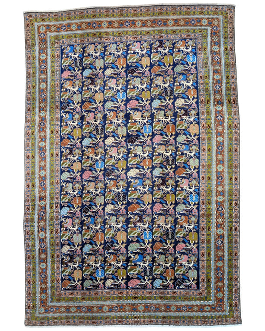 "Tappeto Ardebil persiano blu con motivi floreali e animali, 300x200 cm."