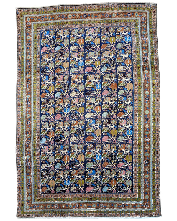 "Tappeto Ardebil persiano blu con motivi floreali e animali, 300x200 cm."