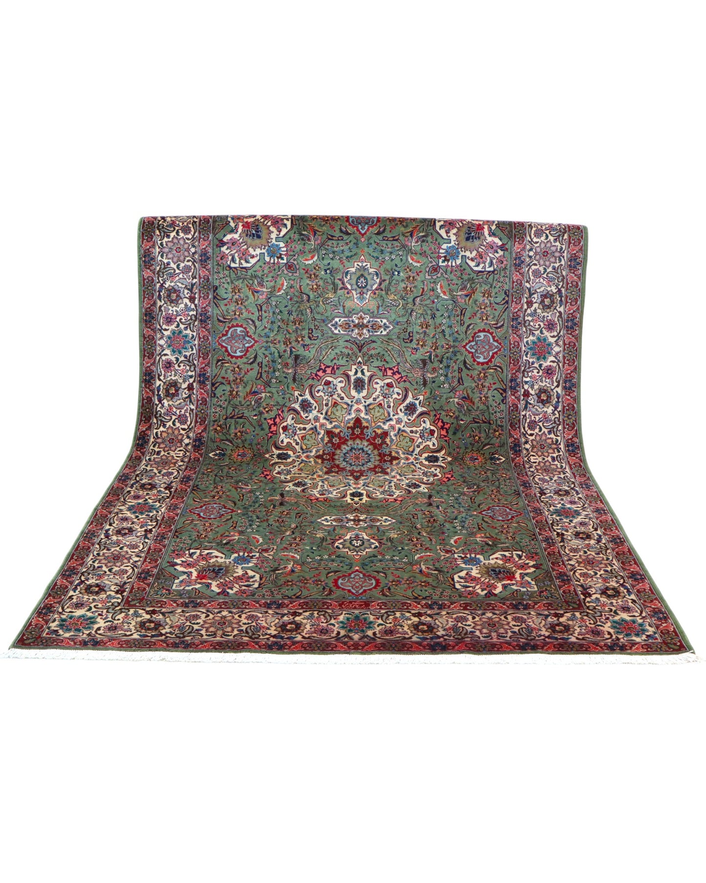 Tappeto Tabriz 60 Raj annodato a mano 300x200cm, fondo verde salvia, con motivi floreali e medaglione centrale.