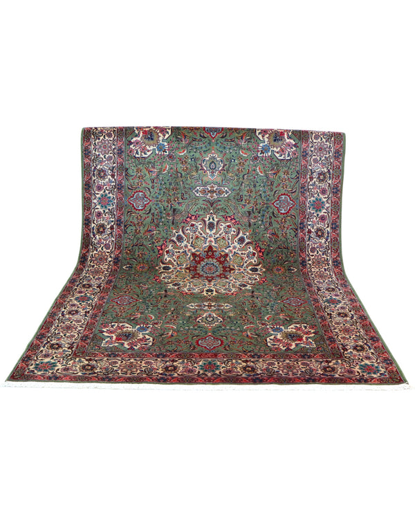 Tappeto Tabriz 60 Raj annodato a mano 300x200cm, fondo verde salvia, con motivi floreali e medaglione centrale.