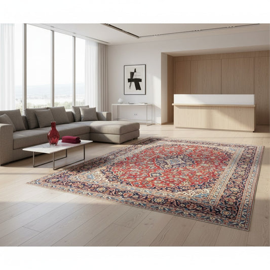 tappeto persiano Kashan annodato a mano 414x295 cm rosso con medaglione centrale e motivi floreali