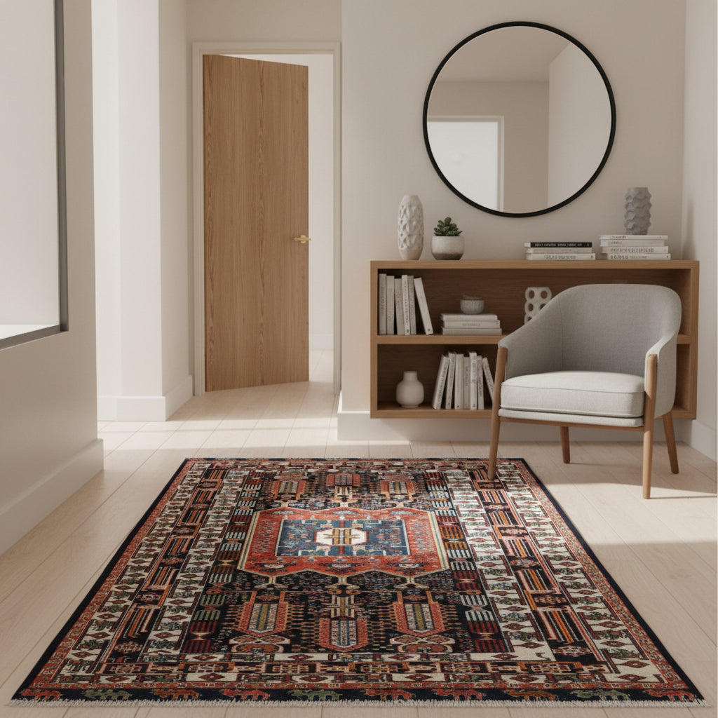 Tappeto Khorasan persiano annodato a mano 187x128 cm in lana con colori vegetali, medaglione centrale geometrico, blu notte mattone beige, autentico tappeto orientale con certificato.