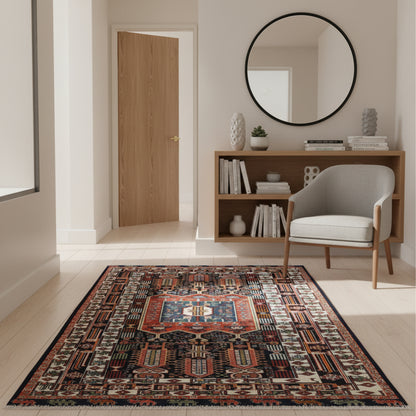Tappeto Khorasan persiano annodato a mano 187x128 cm in lana con colori vegetali, medaglione centrale geometrico, blu notte mattone beige, autentico tappeto orientale con certificato.