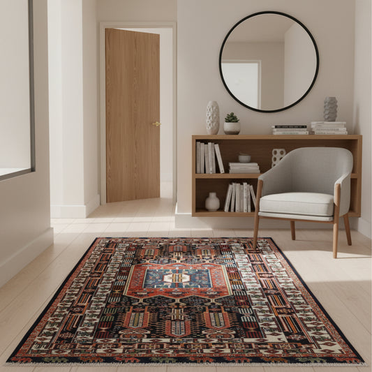 Tappeto Khorasan persiano annodato a mano 187x128 cm in lana con colori vegetali, medaglione centrale geometrico, blu notte mattone beige, autentico tappeto orientale con certificato.