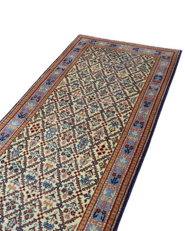 Passatoia turca annodata a mano 304x81 cm in lana e cotone con fondo beige e motivi geometrici tradizionali