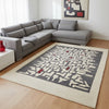 "Tappeto moderno beige con pannello geometrico grigio e accenti rossi, annodato a mano, 293x201 cm."