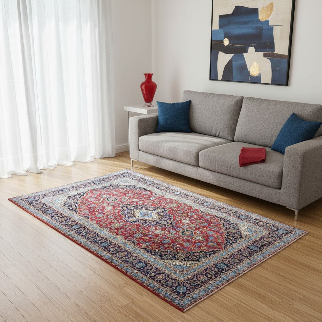 "Tappeto Kashan persiano rosso rubino con medaglione centrale e motivi floreali, 300x204 cm, annodato a mano."